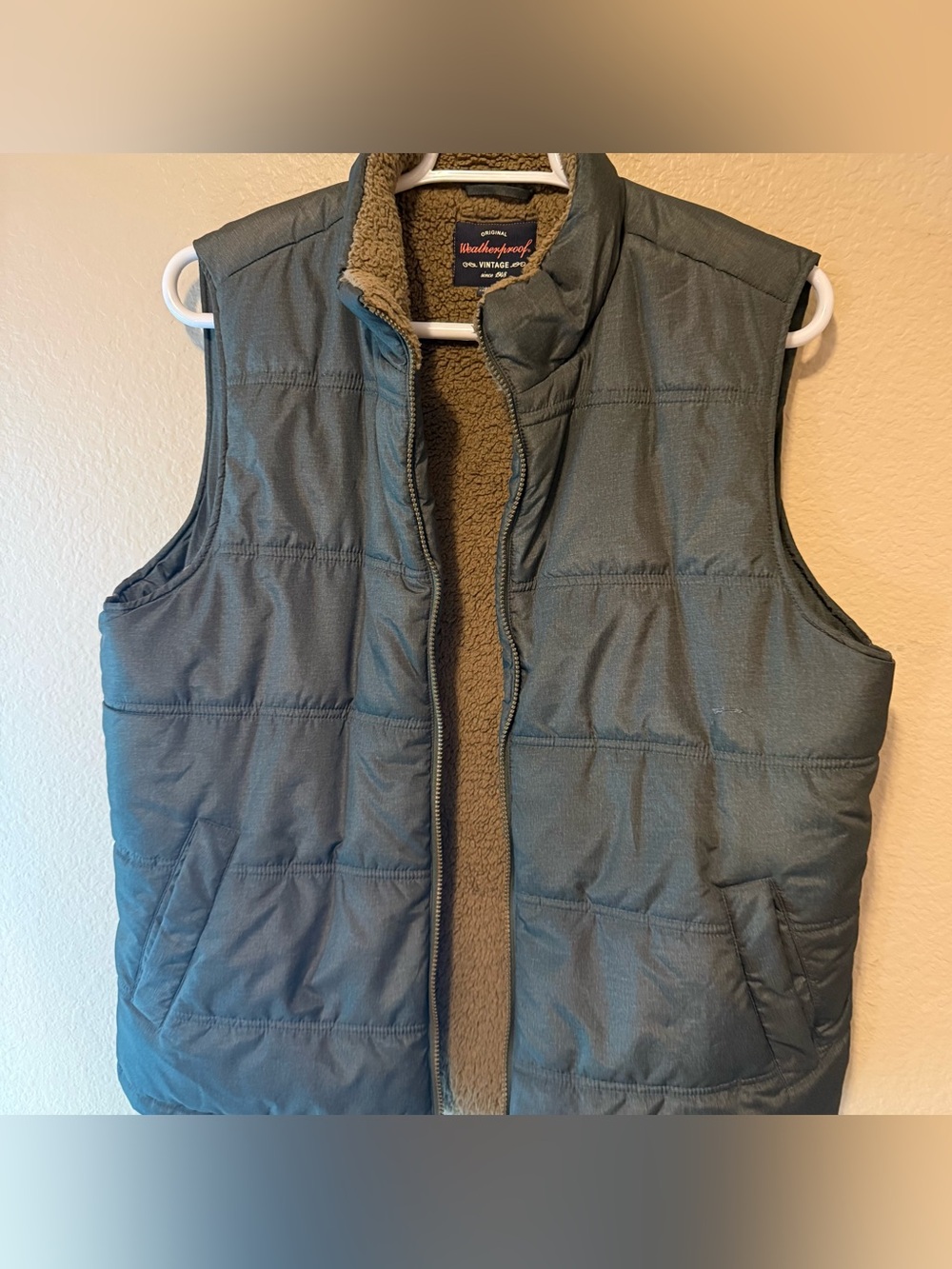 Weatherproof Men's Quilted Puffer Vest in Olive Green with Sherpa Lining